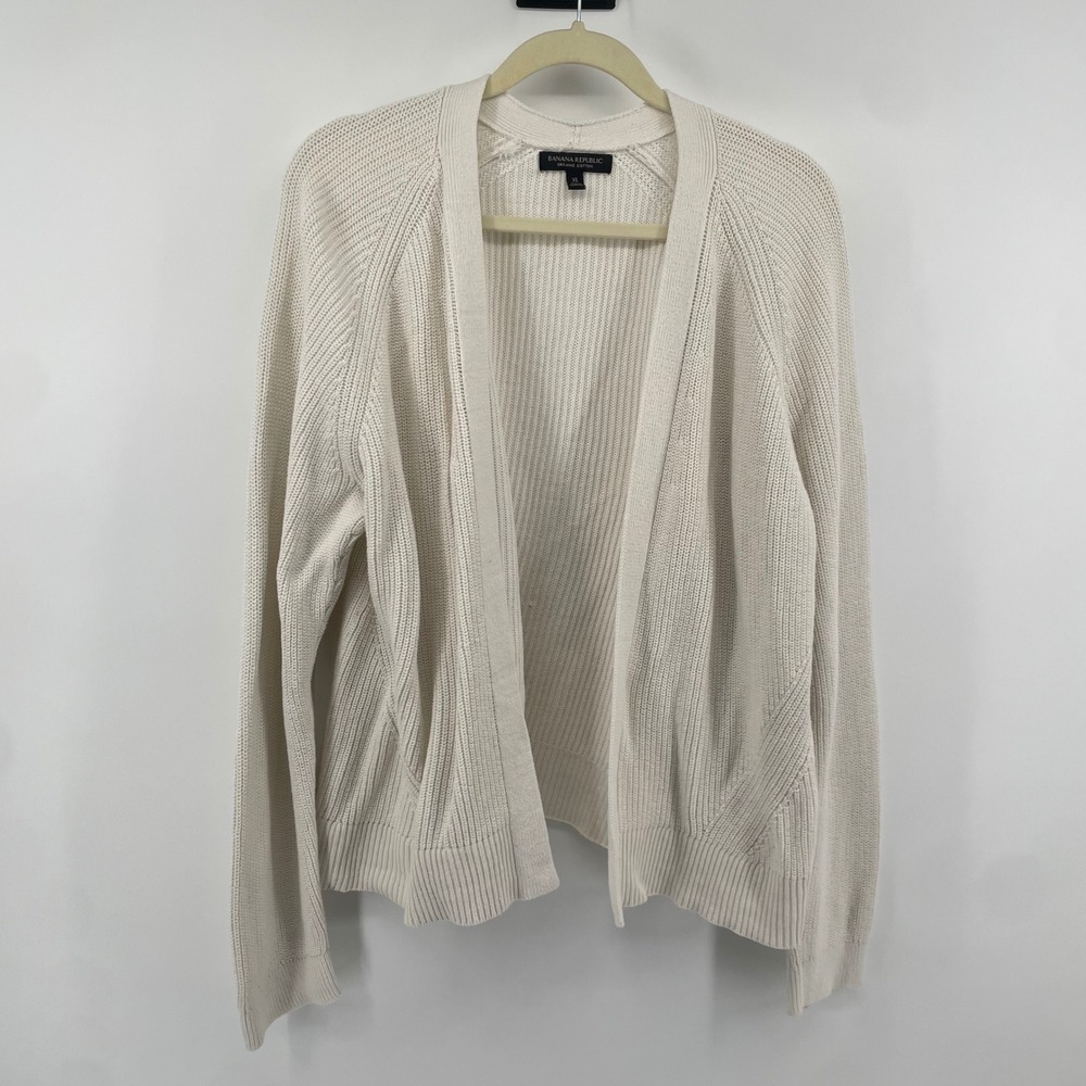 Banana Republic Cardigan Women XL White Organic Cotton Ribbed Open Front Sweater